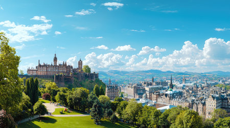 Captivating panoramic view of Edinburgh Castle overlooking the city, showcasing green parks, historic architecture, and a vibrant sky filled with clouds.の素材