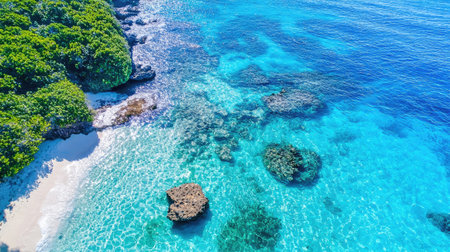 This stunning aerial view showcases crystal clear waters gently lapping against a sandy shoreline. Vibrant colors and serene surroundings create the perfect tropical paradise.の素材