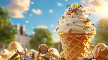 A whimsical ice cream cone topped with screws and fasteners, surrounded by a playful arrangement of nuts and bolts. This surreal depiction merges dessert with engineering.の素材