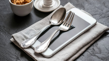 A smartphone lies on a folded cloth with a fork and spoon next to it, suggesting a blend of technology and dining. A snack is present, adding charm.の素材