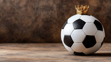A unique image featuring a soccer ball adorned with a crown, symbolizing victory and royalty, set against a rustic wood background for a creative focal point.の素材