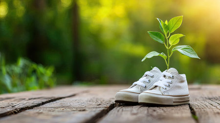 A pair of children shoes with a sprouting plant symbolizes growth and potential in nature. This image captures the essence of innocence, sustainability, and harmony in the environment.の素材