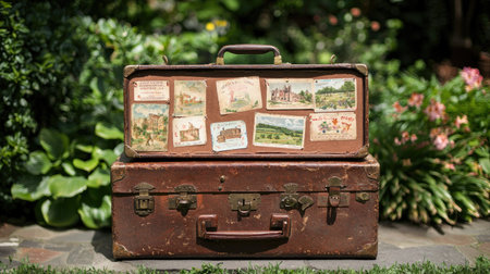 A vintage suitcase adorned with travel postcards rests amidst a lush garden, evoking feelings of nostalgia and adventure, perfect for travel-inspired themes.の素材