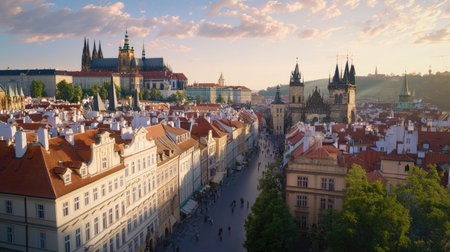 Experience a breathtaking aerial view of Prague, showcasing its stunning architecture, historic buildings, and vibrant red rooftops bathed in warm sunset light.の素材
