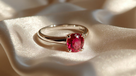 Stunning ruby ring displayed on soft satin, radiating elegance. Perfect for highlighting luxury jewelry, engagement moments, or fashion accessories.の素材