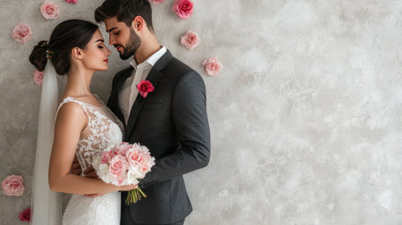 A charming wedding couple gazes into each other eyes, surrounded by delicate pink roses. This portrait captures love, intimacy, and celebration in a beautiful setting.の素材