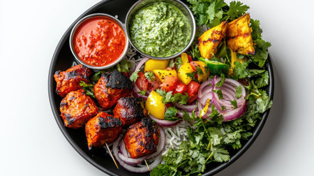 This vibrant plate features grilled chicken skewers alongside fresh vegetables and delicious sauces, perfect for a delightful and colorful dining experience.の素材