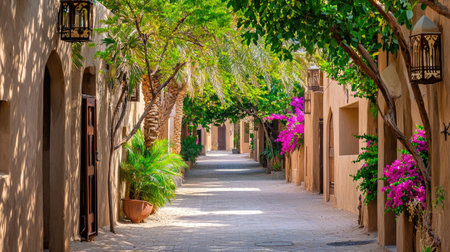 A serene alleyway adorned with vibrant flowers and lush greenery, creating a peaceful retreat in a historical part of Dubai. Perfect for showcasing beauty and tranquility.の素材
