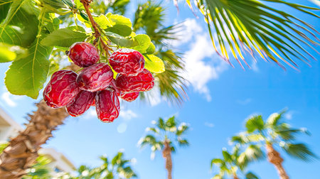 Close-up of vibrant red fruits hanging from a lush green branch under a sunny sky. Palm trees create a tropical backdrop, enhancing the fresh feel.の素材