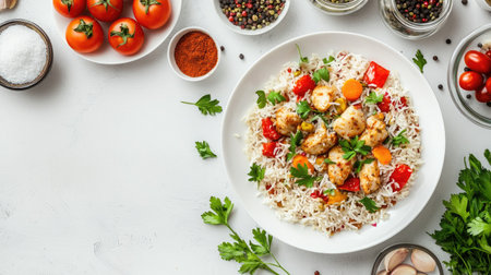 A vibrant plate featuring fluffy rice, colorful vegetables, and herbs arranged artistically, perfect for showcasing healthy meal preparation and culinary delights.の素材