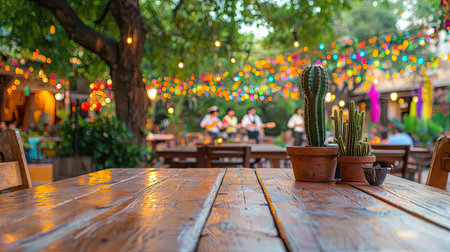 Enjoy a vibrant evening scene featuring a rustic wooden table adorned with cacti, set against a backdrop of colorful fairy lights and live music.の素材