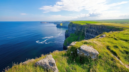 Breathtaking view of majestic cliffs meeting the calm ocean under a clear blue sky. The lush greenery and vibrant landscape create a serene atmosphere ideal for nature enthusiasts.の素材