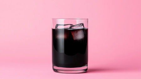 A refreshing glass of dark soda filled with ice cubes sits on a vibrant pink background, evoking feelings of summer and enjoyment. Perfect for a party or casual gathering.の素材