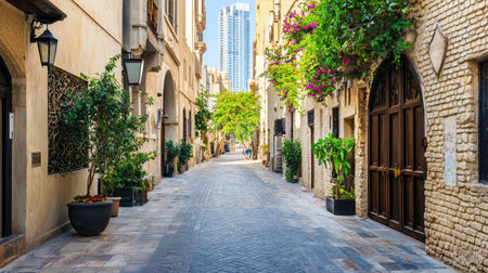 A tranquil alleyway showcasing charming architecture and vibrant flowers, inviting exploration through an urban landscape filled with sunshine and greenery.の素材