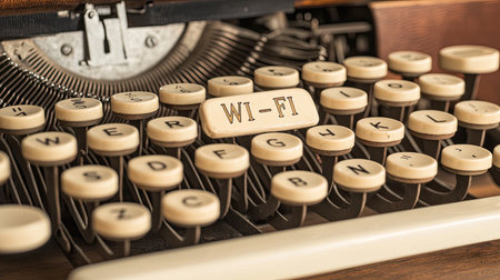 This image features a vintage typewriter with a unique Wi-Fi key, blending retro design with modern technology, symbolizing evolution in communication.の素材
