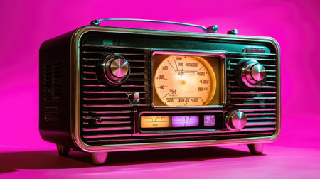 A vintage radio sits elegantly against a vibrant pink background, evoking a sense of nostalgia and charm. This captivating piece showcases classic design and unique aesthetic appeal.の素材