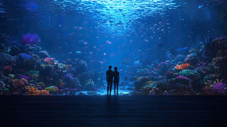 A romantic couple stands in silhouette by the water, gazing at a vibrant coral reef filled with colorful fish, showcasing the beauty of marine life.の素材