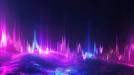 Vibrant abstract waveform visualization featuring colorful neon lights. This captivating design showcases dynamic waves in a surreal landscape, blending modern technology and artistic expression.の素材