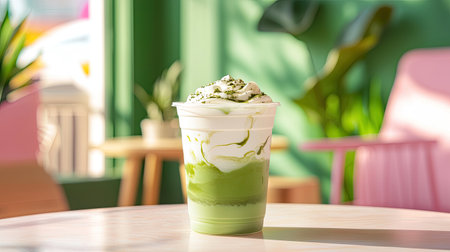 A vibrant matcha green tea beverage served in a clear cup, topped with a frothy cream, captures the essence of refreshing indulgence in a stylish cafe environment.の素材