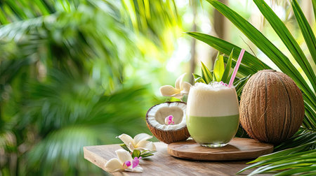 A vibrant tropical smoothie presented in a glass, featuring green flavors and coconut accents, surrounded by lush greenery and flowers, perfect for summertime refreshment.の素材