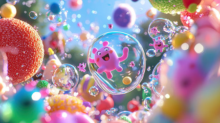A whimsical scene featuring colorful cartoon characters surrounded by bubbles and vibrant elements, creating a joyful and imaginative atmosphere perfect for artistic projects.の素材