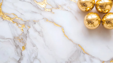 A stunning marble surface featuring golden accents and decorative orbs creates an elegant backdrop for any design project or artistic composition.の素材