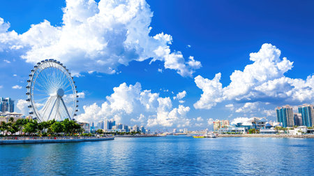 A stunning panoramic view showcasing a Ferris wheel near the bustling city skyline, framed by fluffy clouds and a brilliant blue sky. Perfect for travel or leisure themes.の素材