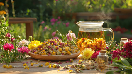 A beautiful display of herbal tea preparation using vibrant flowers and steaming water. This inviting scene captures the essence of natural wellness and relaxation.の素材