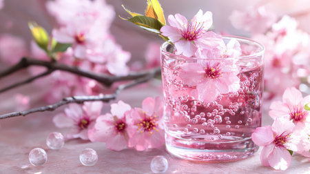 A captivating pink drink served in a clear glass, adorned with cherry blossom petals and bubbles, perfect for spring-themed events and celebrations.の素材