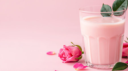 A captivating glass of pink drink surrounded by rose petals and leaves on a soft pink background, evoking a sense of freshness and elegance. Perfect for a romantic setting.の素材