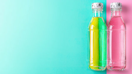 Brightly colored bottled drinks stand on a pastel background, creating a refreshing visual. The yellow and green liquids contrast beautifully with the pink backdrop, inviting thirst.の素材
