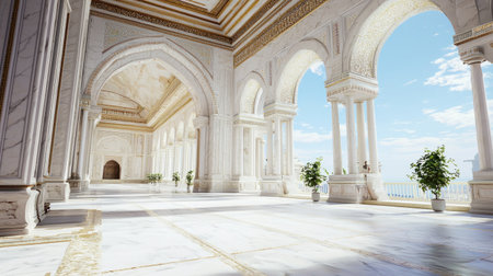 Explore a grand interior showcasing elegant architecture with beautiful arches and marble floors. This serene space offers a breathtaking view of the sky.の素材