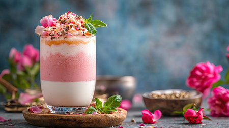 A beautifully styled rose-flavored milkshake adorned with edible flowers and mint, perfect for summer. Ideal for food photography and dessert inspiration.の素材