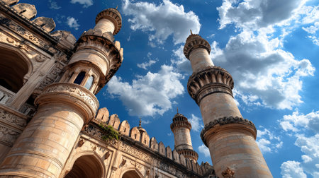 This stunning image showcases exquisite historical architecture featuring ornate towers against a vibrant blue sky filled with fluffy clouds, capturing the essence of grandeur and cultural heritage.の素材