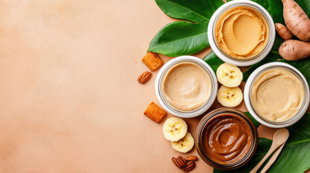 Discover a vibrant assortment of nut butters displayed with fresh ingredients. Perfect for adding to snacks, smoothies, or breakfast dishes for a nourishing treat.の素材