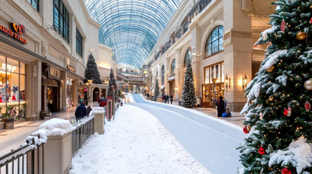 A vibrant indoor shopping mall transformed into a winter wonderland, featuring snow-covered pathways, beautifully adorned holiday trees, and festive decorations inviting joyful shoppers to experience a magical holiday atmosphere.の素材