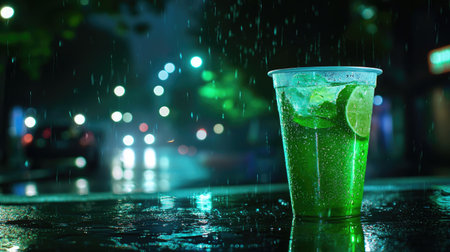 A vibrant green drink sits in a cup on a wet surface, illuminated by city lights in a rainy night. The condensation adds a refreshing touch to this urban scene.の素材