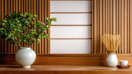 A serene indoor setting featuring a ceramic vase, greenery, and wooden panels. The warm tones and minimalist design create a peaceful and tranquil atmosphere.の素材