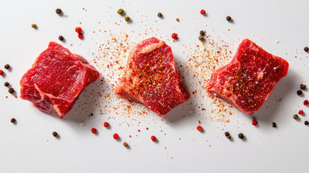 Three raw beef cuts arranged on a white background, surrounded by colorful spices and seasonings. Perfect for culinary and food photography projects.の素材