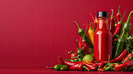 A striking arrangement of colorful chili peppers surrounding a glass sauce bottle. The vibrant red background highlights the freshness and spiciness, perfect for culinary themes.の素材