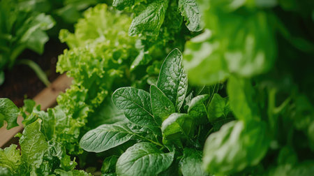 Close-up view of fresh green vegetables growing in an organic garden. Vibrant leaves of spinach and lettuce signify healthy growth in a natural environment.の素材