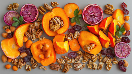 A vibrant display of fresh fruits and nuts, featuring orange slices, various nuts, and dried fruits on a neutral background, perfect for healthy snack ideas.の素材