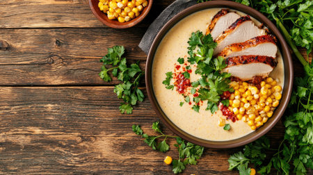 A beautifully arranged dish featuring grilled chicken breast, sweet corn, and fresh cilantro on a rustic wooden table, perfect for food enthusiasts and culinary inspiration.の素材