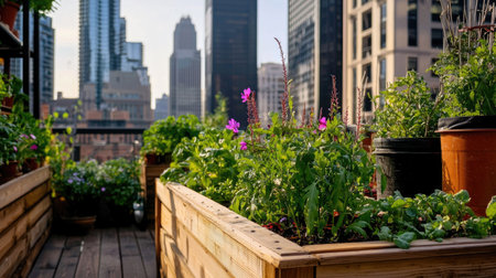 A picturesque rooftop garden showcasing vibrant flowers and lush greenery against a stunning city skyline. Perfect for relaxation and urban gardening inspiration.の素材
