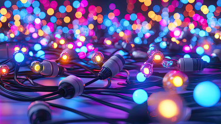 A stunning arrangement of colorful lights and cables creates a vibrant bokeh effect, perfect for holiday celebrations or creative designs.の素材
