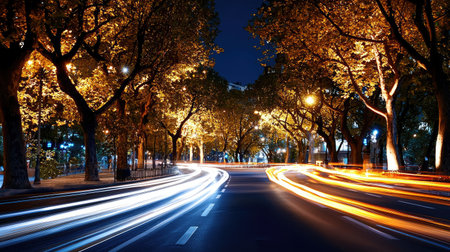 A stunning nighttime view of a city street lined with vibrant autumn trees illuminated by warm lights. Capture the beauty of nature in urban life.の素材