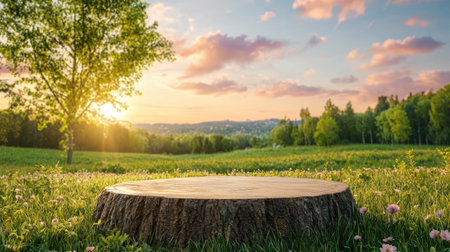 A beautiful sunlit tree stump sits among blossoming flowers and lush greenery. This serene landscape captures the charm of nature in a vibrant outdoor setting.の素材