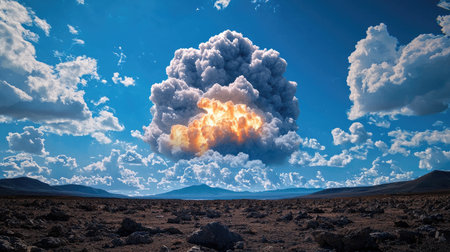 A stunning view of a dramatic explosion cloud billowing over rocky terrain under a bright blue sky, capturing the essence of nature's powerful forces.の素材