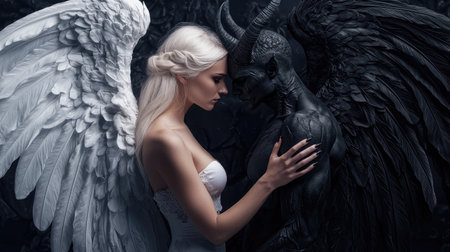 An exquisite illustration of an angel and a devil in a dark, mystical setting, showcasing a profound emotional connection with striking contrasts in light and darkness.の素材