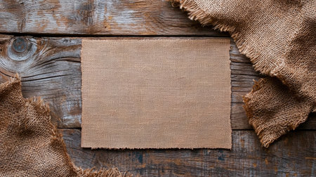 A simple brown fabric laid on a rustic wooden surface, perfect for design projects, crafts, and artistic layouts. The natural textures enhance any creative concept.の素材